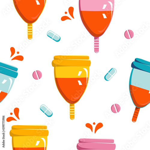 Seamless pattern with silicone menstrual cups. Colourful reusable items for menses.Vector illustration.Female hygiene. Pills and tablets, medicine capsules. Flat style.Print for packing