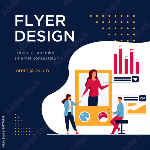 Social media marketing analysis. Managers analyzing profile likes, comments, views flat vector illustration. Internet, promotion, smm concept for banner, website design or landing web page