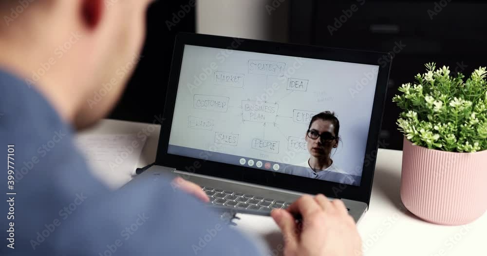 remote learning distance education - business teacher streaming online lesson for student via laptop computer at home