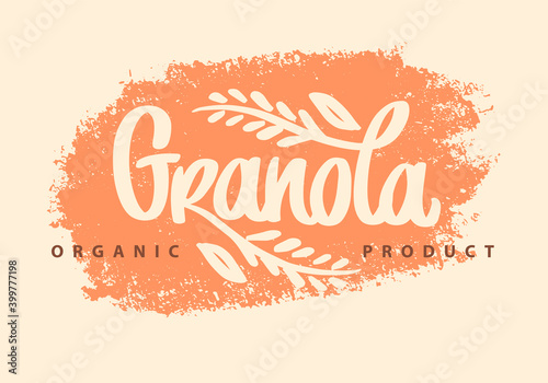 Granola organic product logo vector. Lettering composition and spikelets with grains. Handwritten calligraphy. Health food logotype for package, label