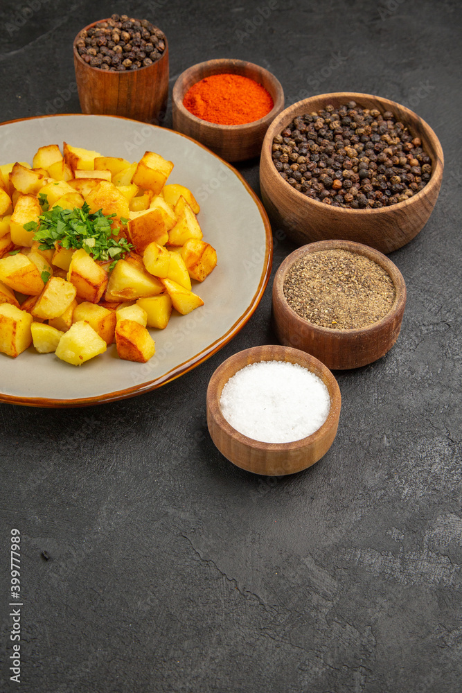 front view tasty fried potatoes inside plate with seasonings on a dark background color food kitchen photo meal