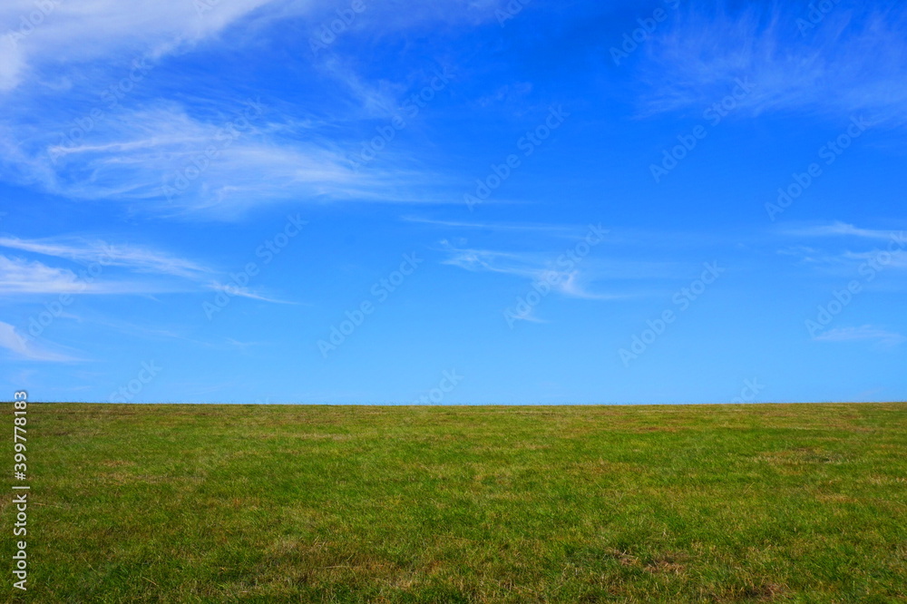 Blauer Himmel und grüne Wiese mit Platz für Text