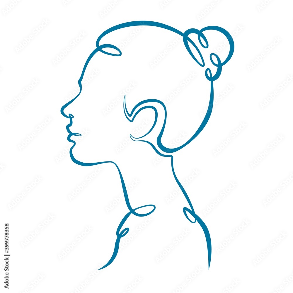 Portrait profile silhouette of a female head, young woman girl with beautiful hairstyle. One line continuous thick bold single drawn art doodle isolated hand drawn outline logo illustration.