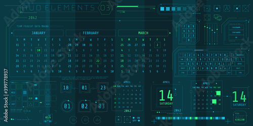 A set of HUD calendars elements for a futuristic interface.