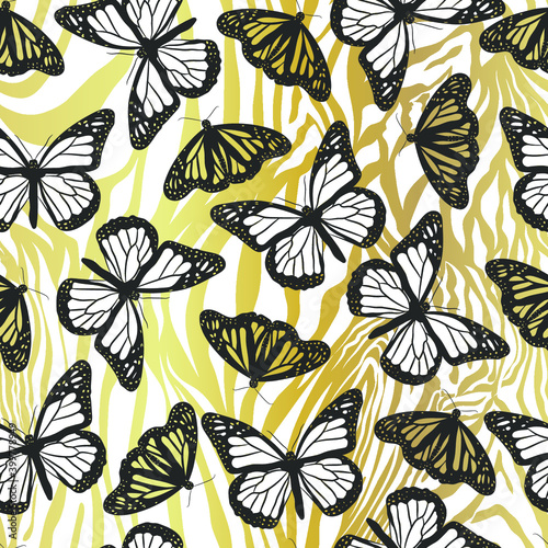 Seamless vector gold butterflies pattern. Butterfly on zebra print. Trendy animal motif wallpaper. Fashionable golden background for fabric  textile  design  banner  cover.