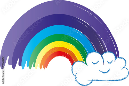 Die Hoffnung behalten und zuversichtlich bleiben. Regenbogen mit kleiner Wolke und lustigem Gesicht. Alles wird gut. Krisen überstehen.