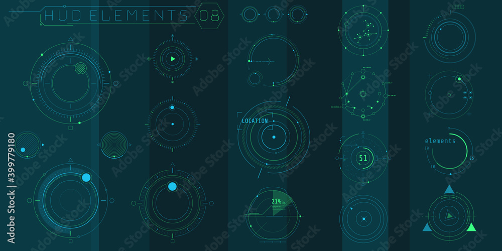 A set of HUD circular elements for a futuristic interface.
