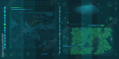 A set of HUD maps elements for a futuristic interface.