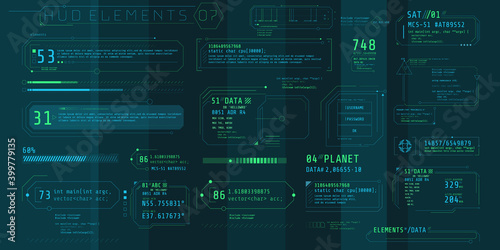A set of HUD text elements for a futuristic interface.