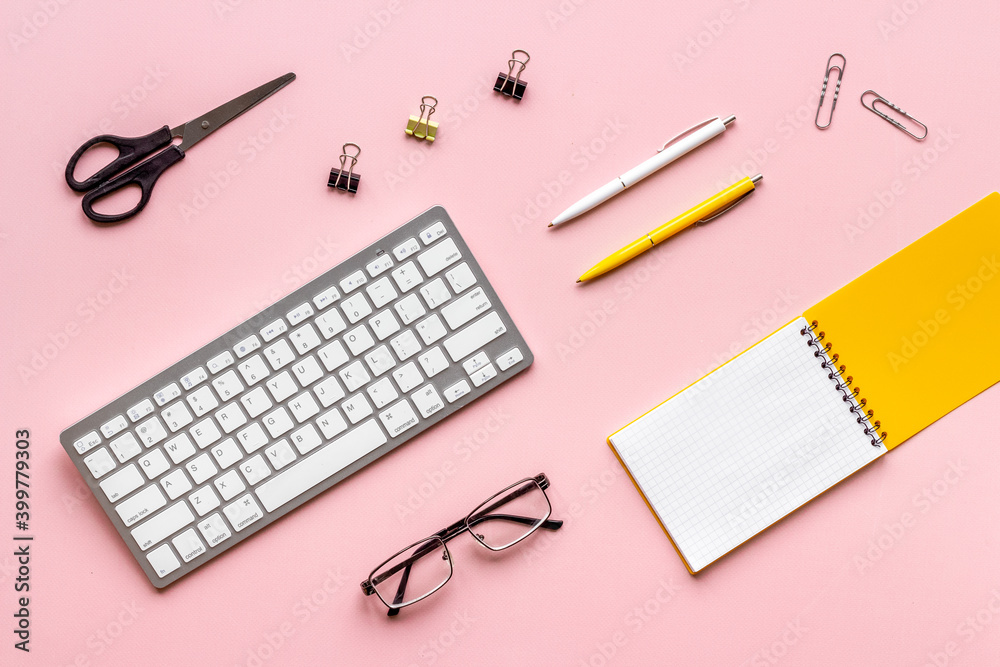 Flat lay office workspace with keyboard and office supplies, top view Flat lay office workspace with keyboard and office supplies, top view