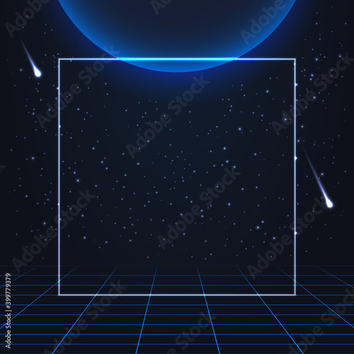 colorful simple vector illustration in 80s style of square blank frame for any text on outer space background