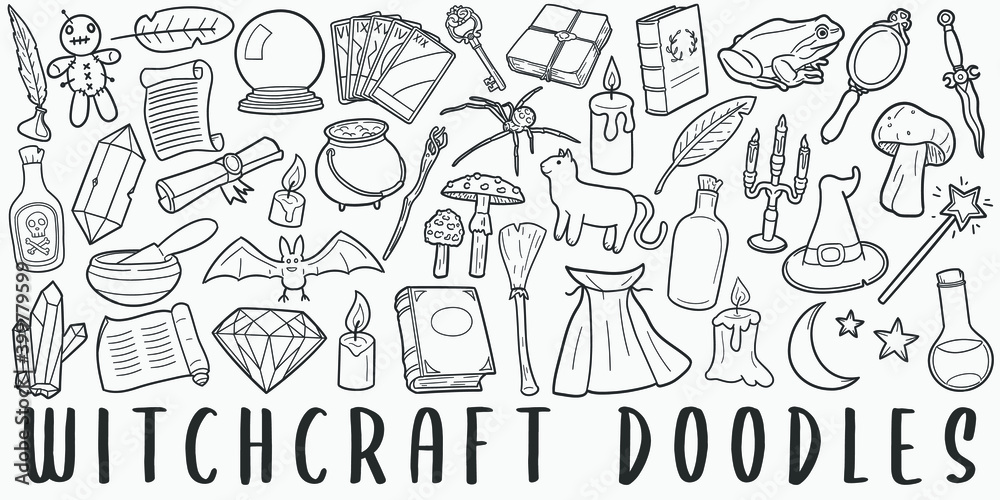 Witchcraft, doodle icon set. Magic Witch Style Vector illustration collection. Magic Tools Banner Hand drawn Line art style.