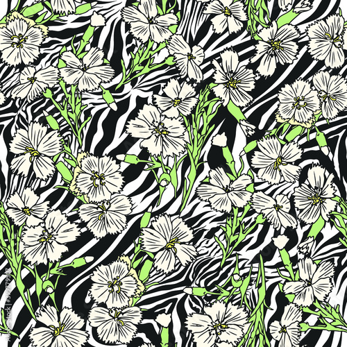 Outline flowers on zebra print. Seamless vector multicolor wildlife wallpaper. 10 eps trendy tropical flora and fauna background for fabric, design, cover, wrapping etc.