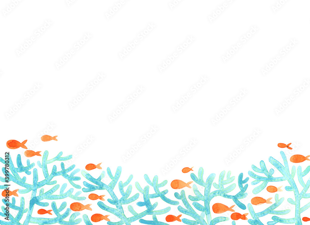 Blue coral reef and orange color fish in the sea watercolor hand painting for decoration on summer holiday and ocean travel theme concept.
