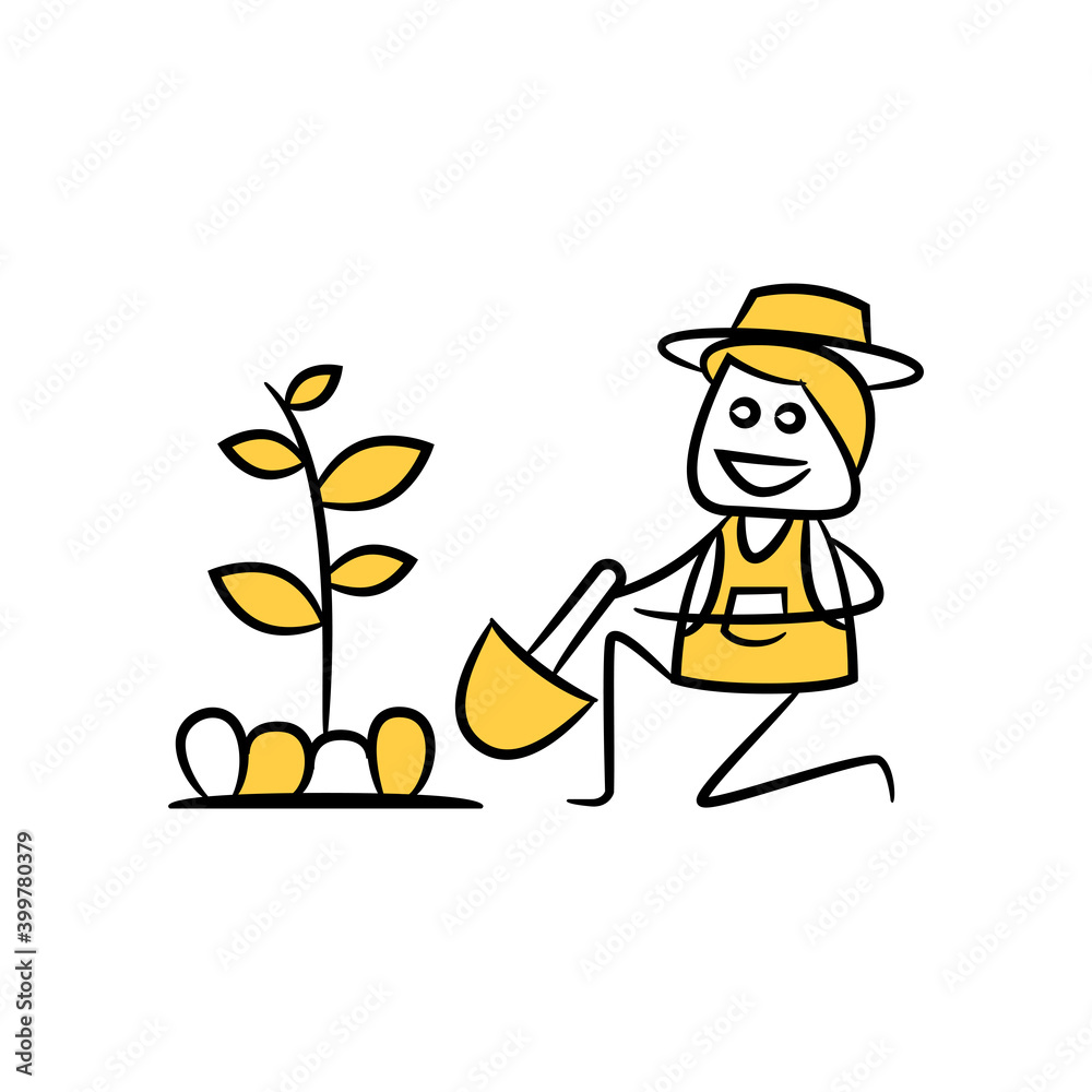 gardener digging plant yellow doodle man theme