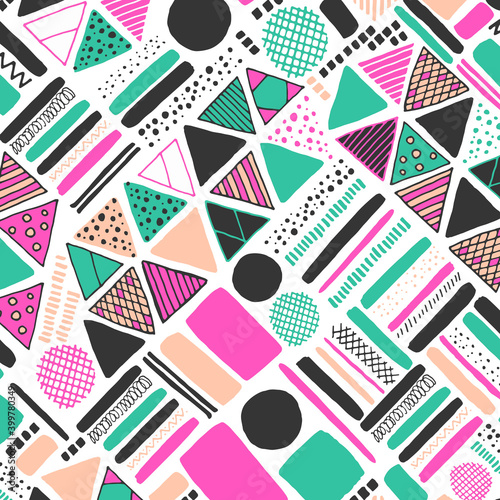 abstract geometric pattern with dark green and pink line grunge texture on white.