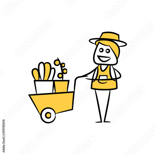 farmer and trolley with plant yellow doodle man theme