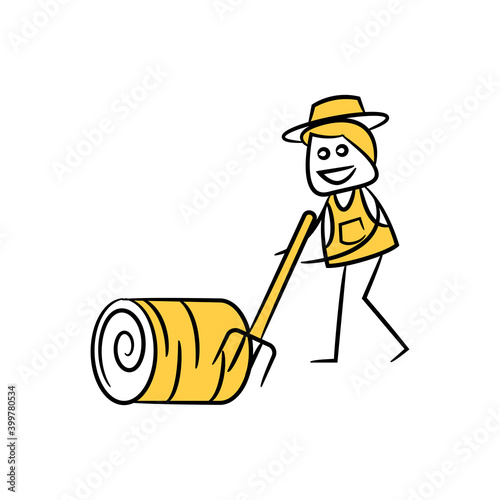 farmer holding mattock and hay bale roll yellow doodle man theme