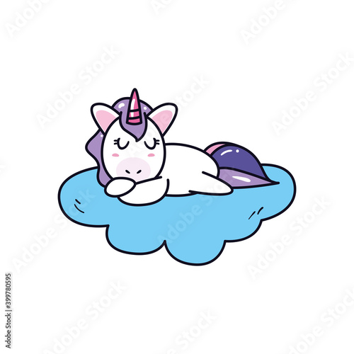 unicorn horse cartoon sleeping on cloud vector design
