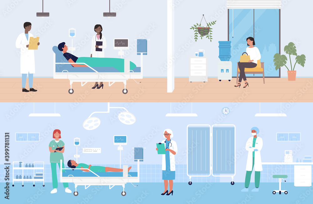 Hospital modern medical ward with patients vector illustration set. Cartoon man woman character lying with dropper intensive therapy, doctor nurse visiting patients for medicine treatment background
