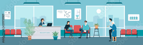 Hospital reception office hall vector illustration. Cartoon man woman patient characters in medical masks sitting in chairs, waiting doctor appointment in lobby, receptionist standing behind counter