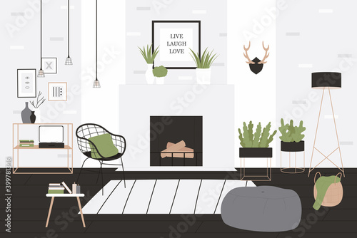 Loft style home living room interior vector illustration. Cartoon cozy stylish minimalist interior with fireplace and armchairs, white wall and dark lamp on floor, green house plant in pot background