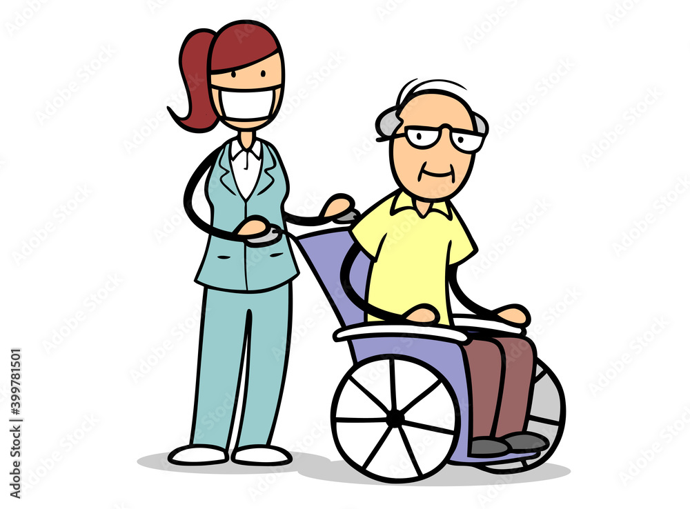 Senior im Rollstuhl mit Krankenpfleger bei Physiotherapie Senior im Rollstuhl mit Krankenpfleger bei Physiotherapie