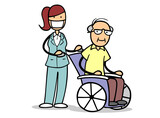 Senior im Rollstuhl mit Krankenpfleger bei Physiotherapie