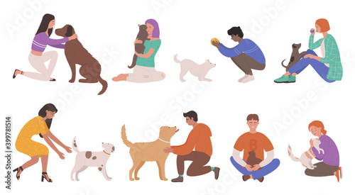 Pet owners people vector illustration set. Cartoon young man woman characters hug, hold in hands and love best friend dog or cat, play with own animals in fun game, happy friendship isolated on white