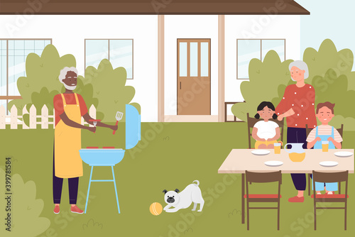 Family people cook on bbq picnic party in backyard vector illustration. Cartoon grandparents cooking grilled food for grandchildren, grill sausages in summer nature of back yard near house background