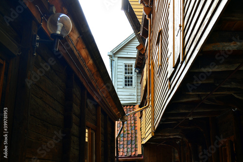 Old wooden buildings on the street in Bergen, Norway