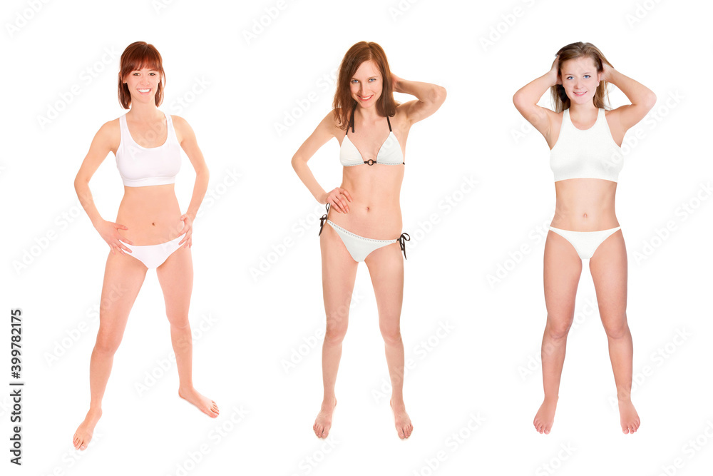 Full length portraits of three erotic young women wearing bikinis, isolated on white studio background Full length portraits of three erotic young women wearing bikinis, isolated on white studio background