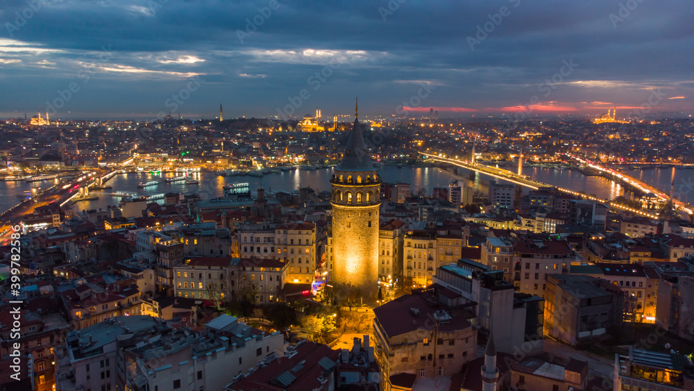 Turkey's largest city at dawn. Aerial view of Galata tower in Istanbul, Turkie. European part of the city.