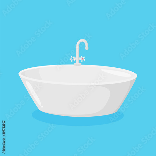 Bathtub for bathroom with faucet. White ellipse tub with tap isolated in blue background. Vector illustration in cartoon style