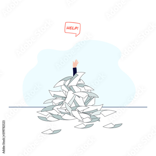 Messy pile of paper, concept of overworked person, document, paperwork, overload, frustration. Vector illustration