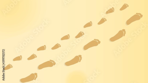 Image of footprints of baby and adult in sand, vector background for summer season, parenthood concept, barefoot