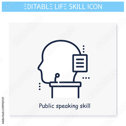 Public speaking skill line icon. Eloquence, oratory. Personality strengths and characteristics.Soft skills concept. Human resources management. Isolated vector illustration. Editable stroke 