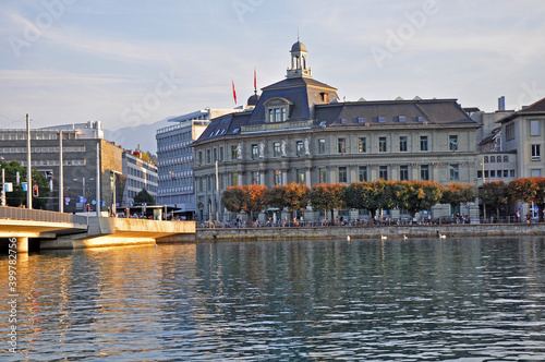 Upscale lake shore buildings on Lake Lucerne, Switzerland.