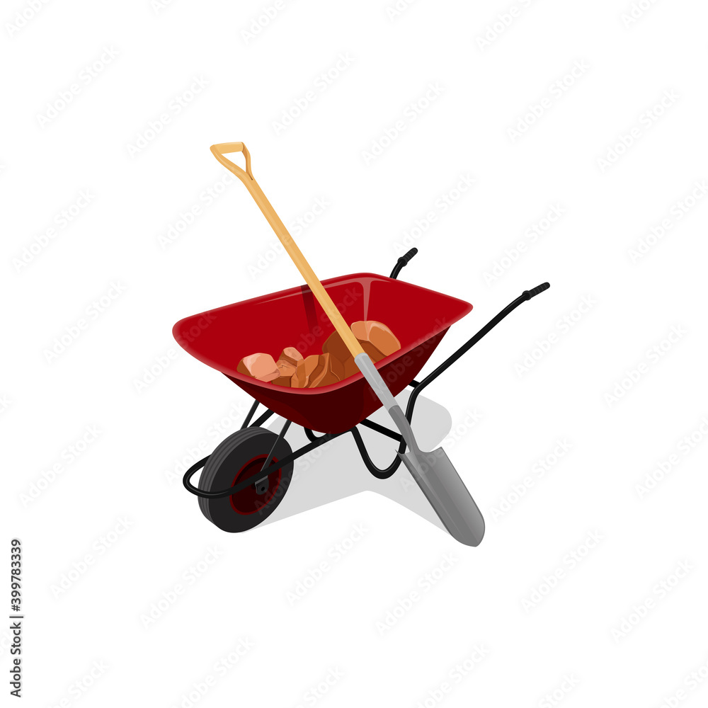 Vector illustration of wheelbarrow with a shovel moving rocks. Vector illustration of wheelbarrow with a shovel moving rocks.