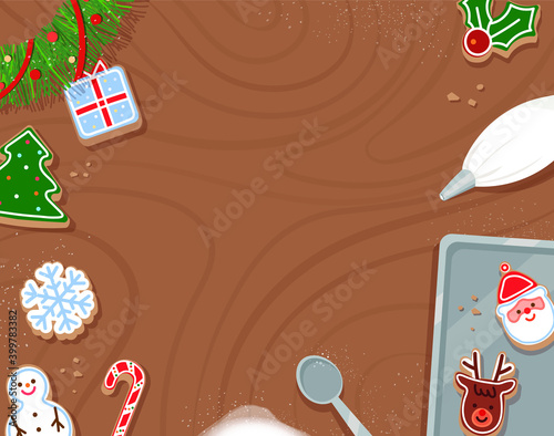 A view overlooking a dining table making Christmas cookies. Vector illustration of a Christmas event background.