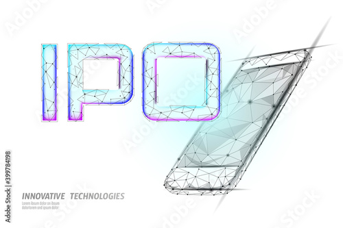 Initial coin offering IPO letters technology concept. Business finance economy low poly design style. Stock market launch banking public offer shares. Internet commerce trade vector illustration