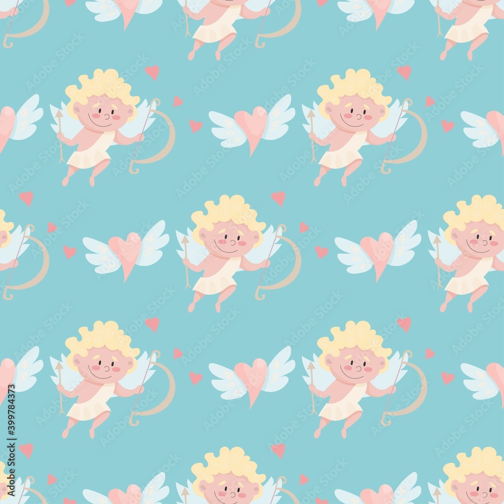 vector seamless pattern with cute cupids and winged hearts.  cute angels pattern for Valentine's day, wedding, birthday.