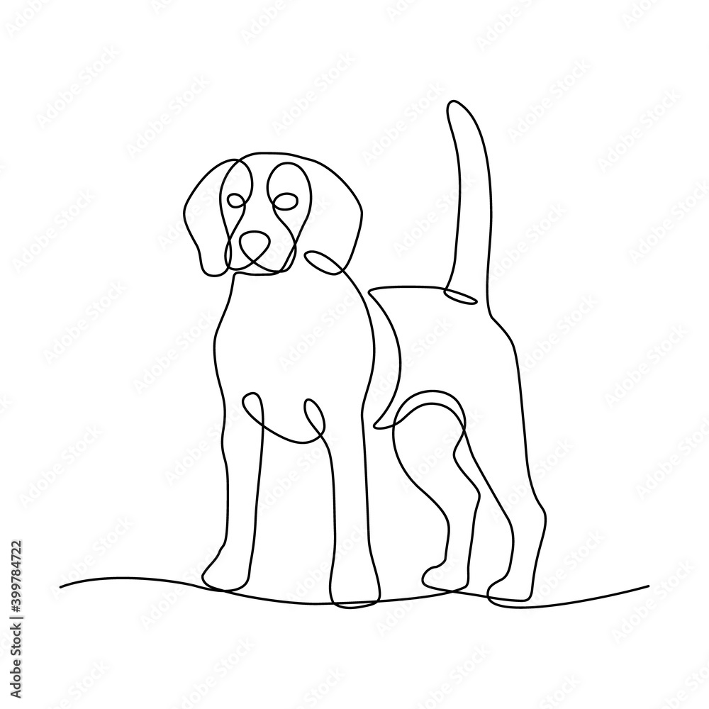 Dog in continuous line art drawing style. Cute beagle dog standing and watching minimalist black linear sketch isolated on white background. Vector illustration