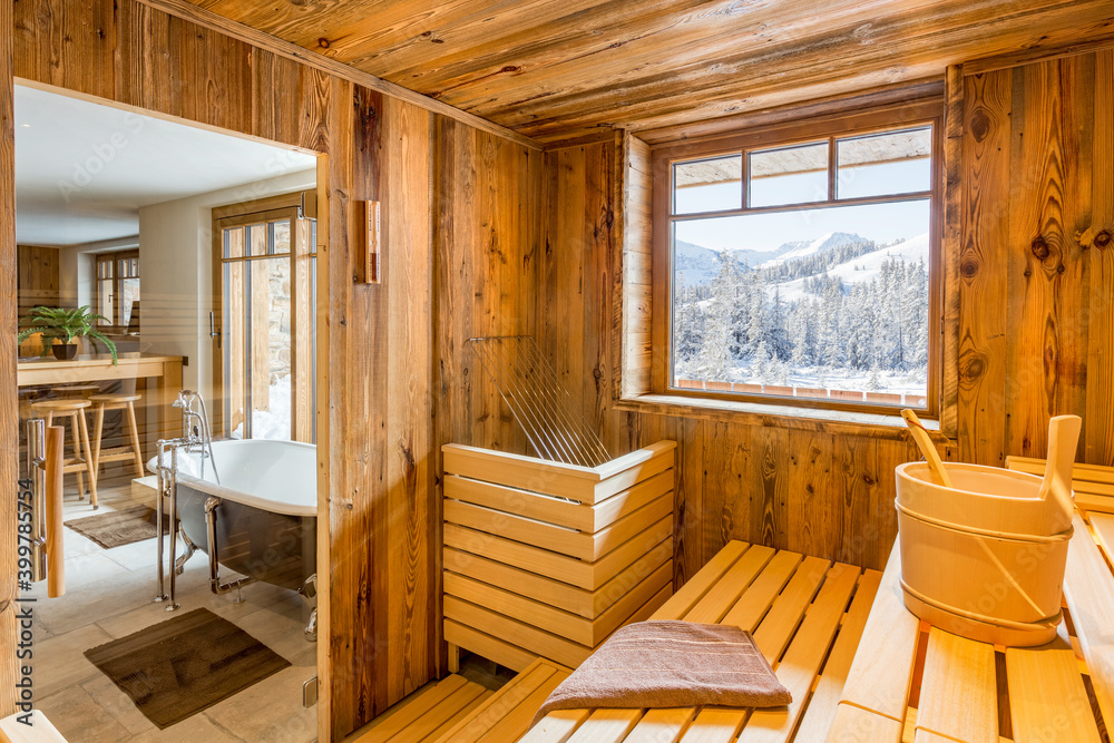 wortel Beer plannen Sauna interior of a luxury alpine chalet in the alps Stock Photo | Adobe  Stock