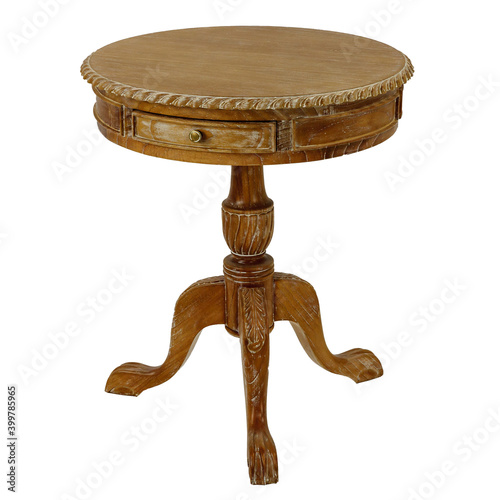 small brown round table with drawer on white background
