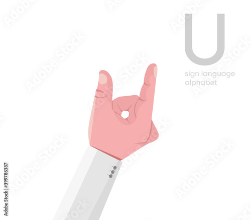 The letter 'U. Universal and Turkish handicapped hand alphabet letter U. Disabled hand. Hand tongue. Learning the alphabet, non-verbal deaf-dumb communication, expression gestures vector.