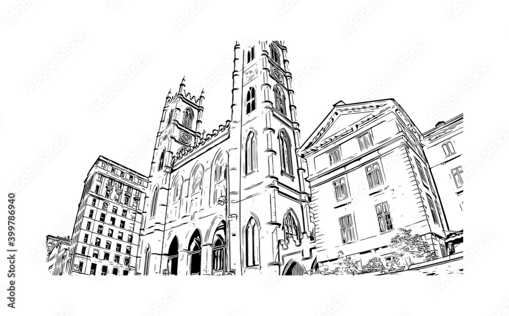 Building view with landmark of Montreal is the
city in Canada. Hand drawn sketch illustration in vector.