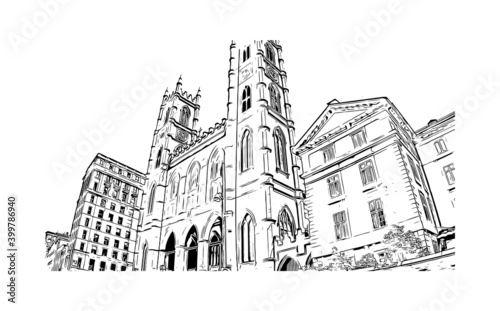 Building view with landmark of Montreal is the 
city in Canada. Hand drawn sketch illustration in vector.
