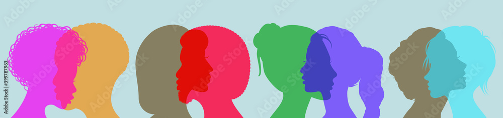 Diversity multi-ethnic and multiracial people. Silhouette profile group of men and women of diverse culture. Concept of racial equality and anti-racism. Multicultural society. Friendship