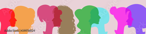 Silhouette group of multichannel women who talk and share ideas and information. Women social network community. Communication and friendship between women or girls of diverse cultures.